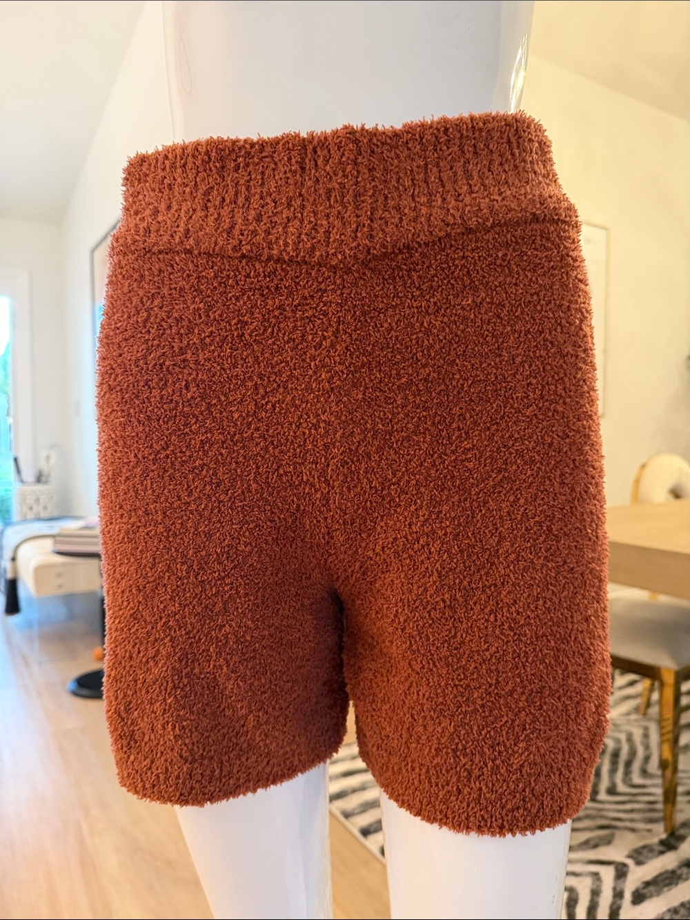 Cozy High-Waist Fuzzy Knit Shorts - Rust